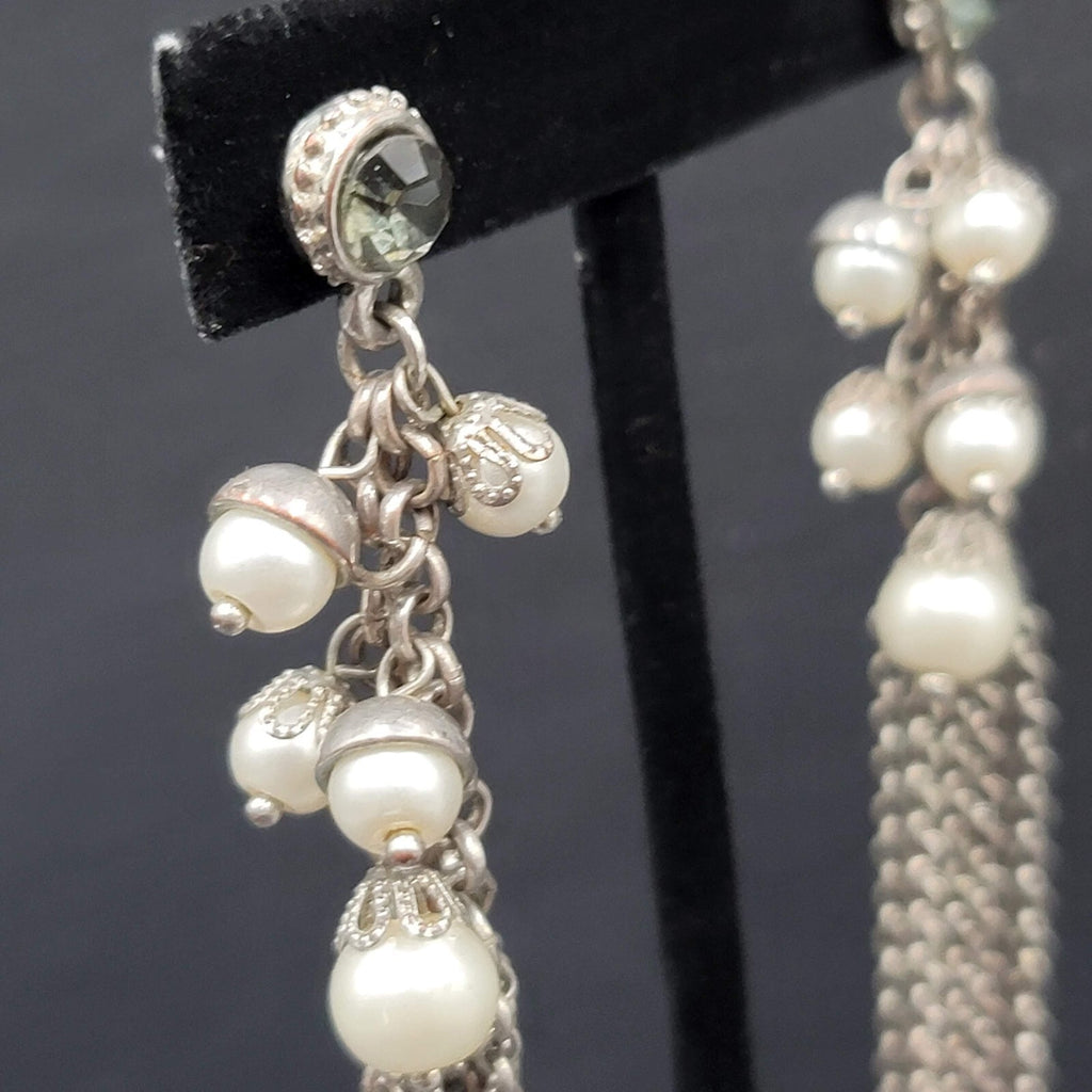 Pierced Earrings Long Multi Chain Faux Pearl Silver tone Dangle 3.25"