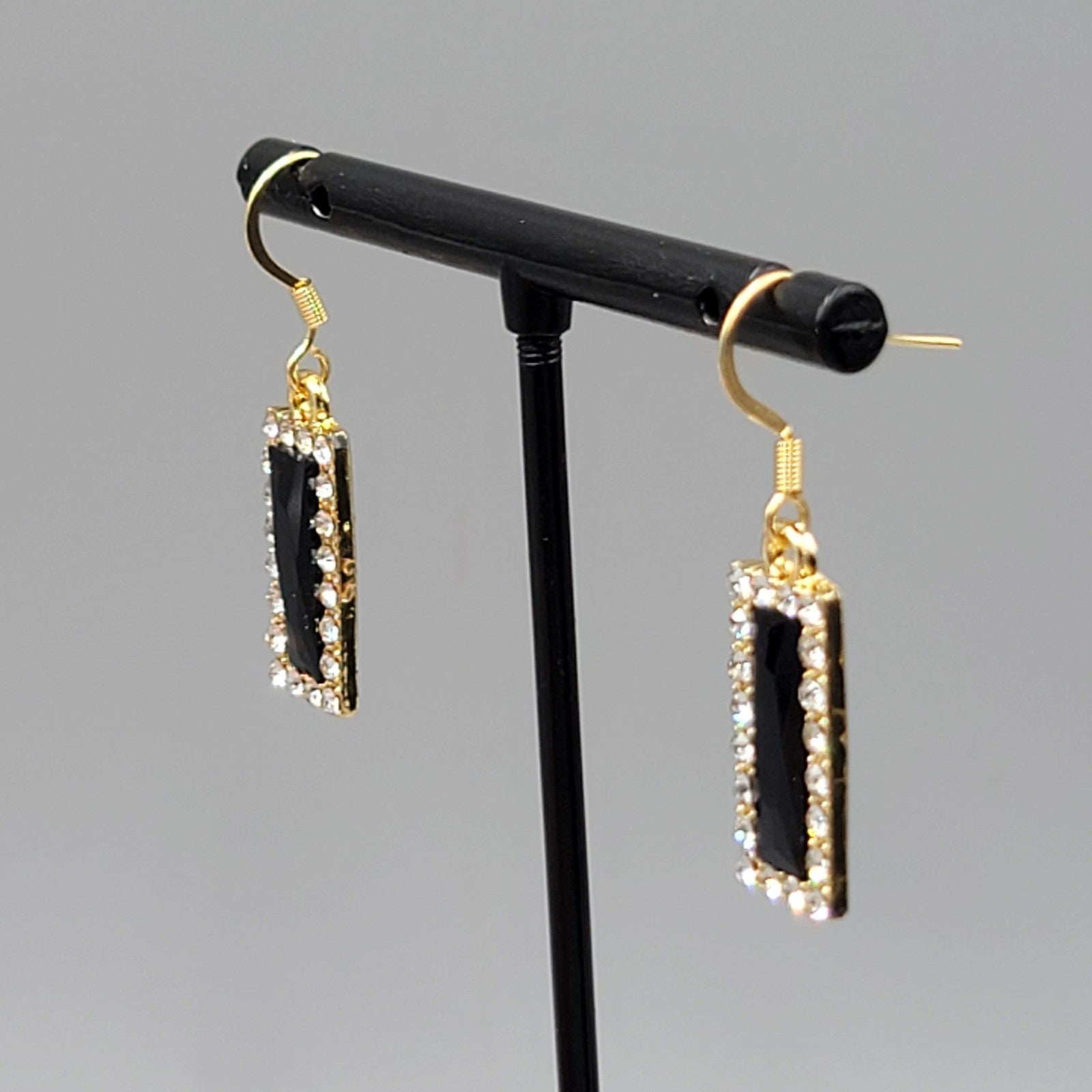 Black Rhinestone Rectangle Pierced Earrings Gold tone Dangle 7/8"