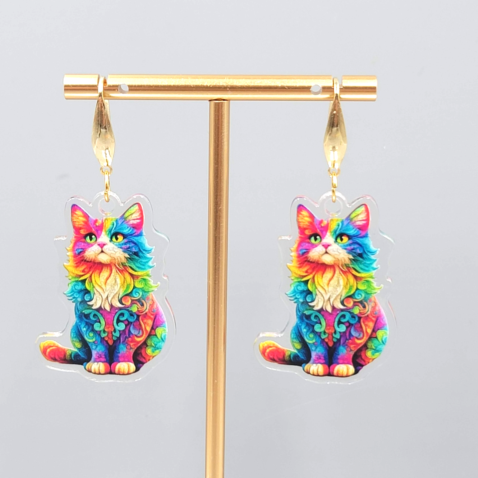 Rainbow Cat Pierced Earrings Multicolor  Acrylic Dangle Gold tone Hook 1.5"