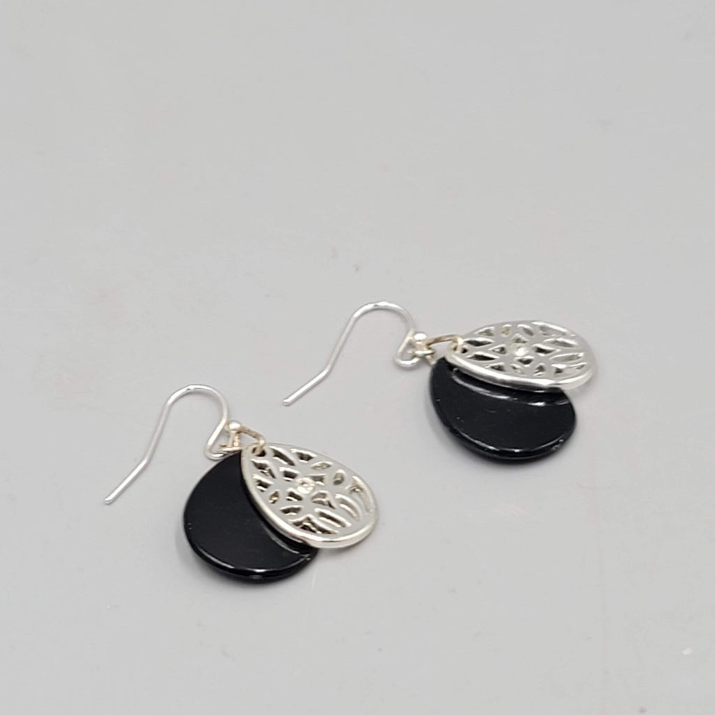Black Teardrop Over Filigree Pierced Earrings Silver tone Dangle   3/4"