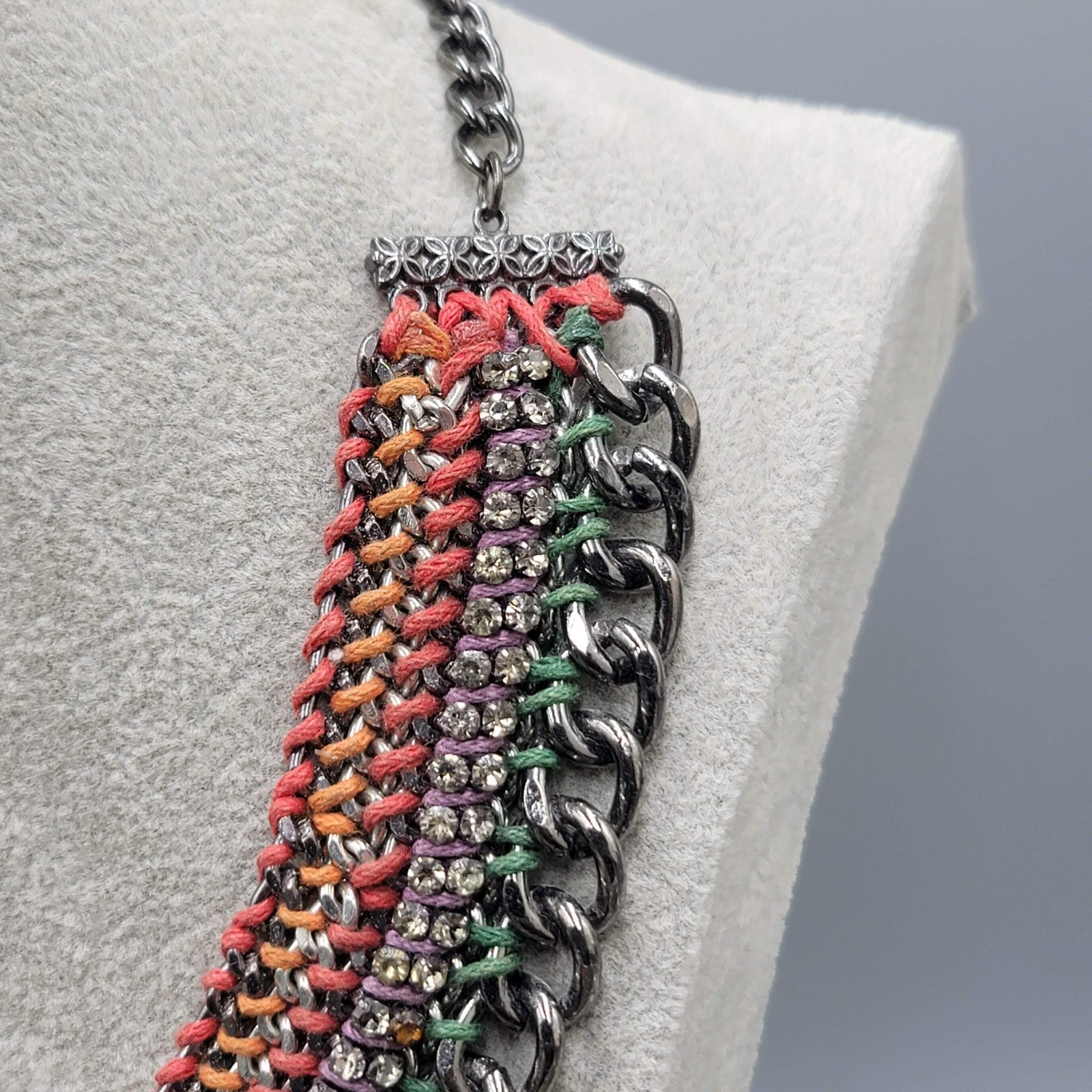Chain Bib Necklace Rhinestone Red Orange Purple Green 16"-18"