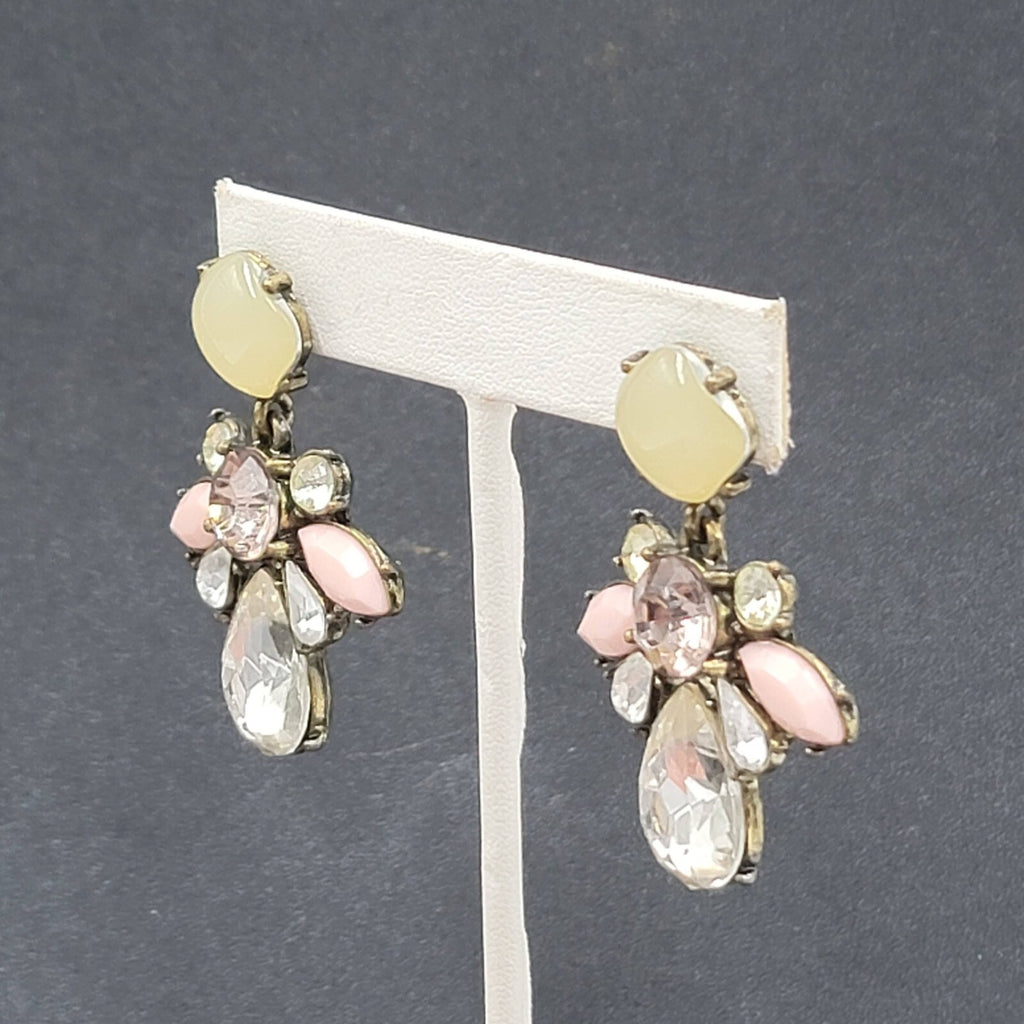 Pierced Earrings Antiqued Gold tone Multicolor Faceted Accent Acrylic 1 7/8"
