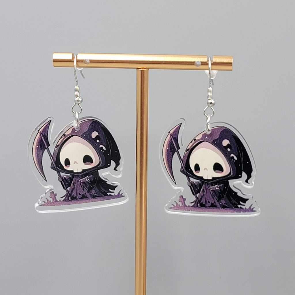 Halloween Purple Black Reaper Pierced Earrings Silver tone Dangle 1.5 in