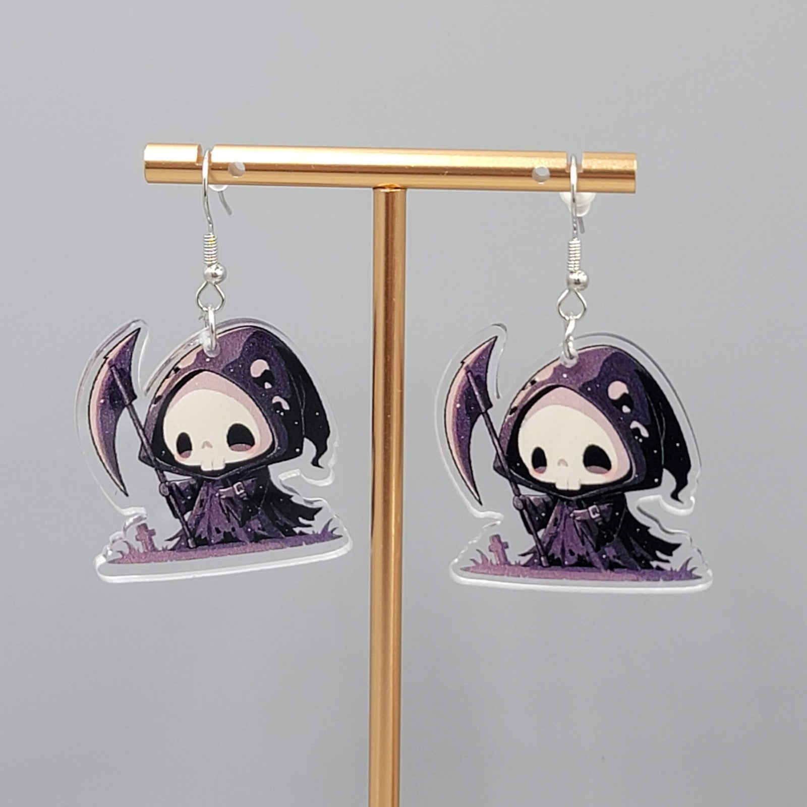Halloween Purple Black Reaper Pierced Earrings Silver tone Dangle 1.5 in