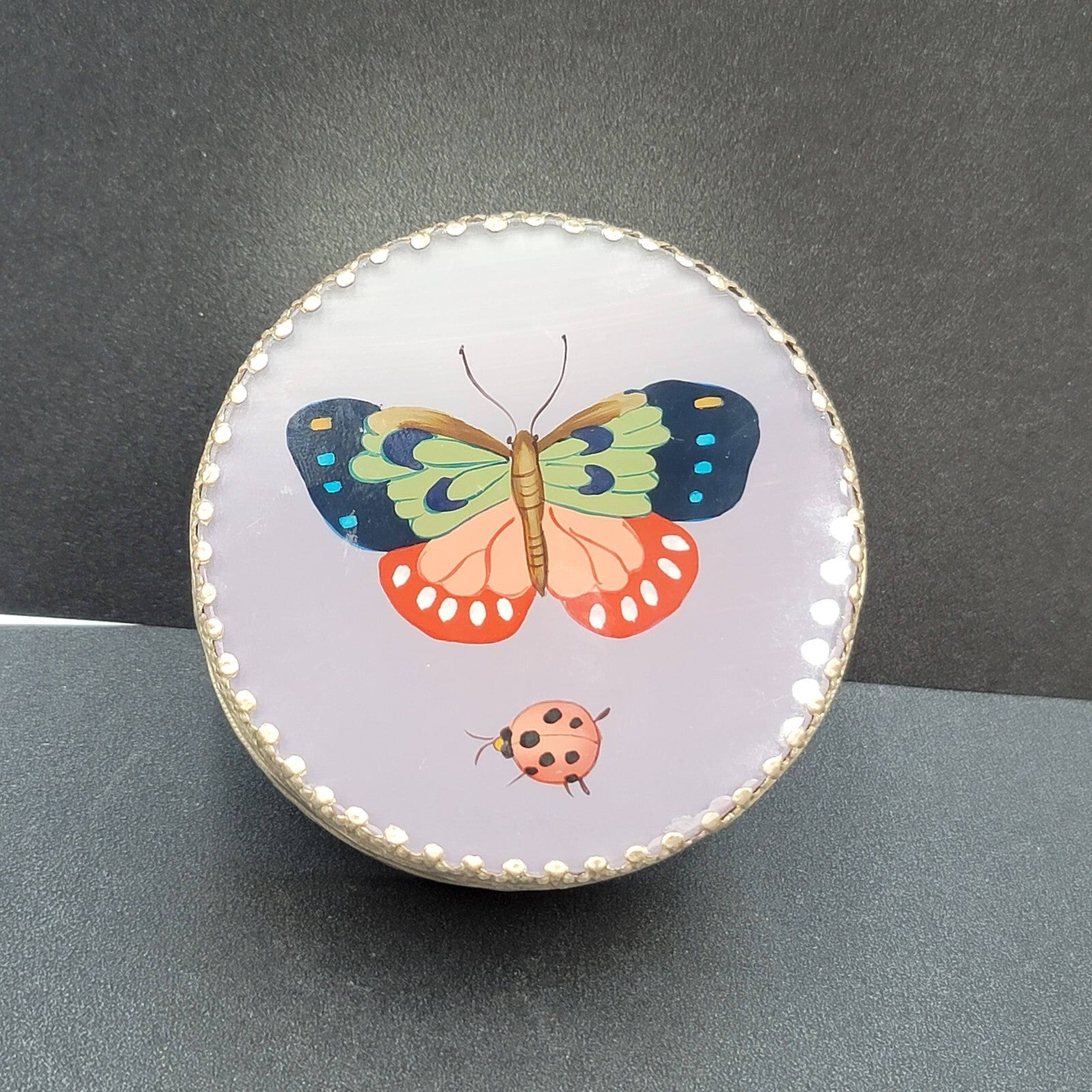 Mirror Trinket Box Reverse Painted On Glass Butterfly Ladybug 3.25”