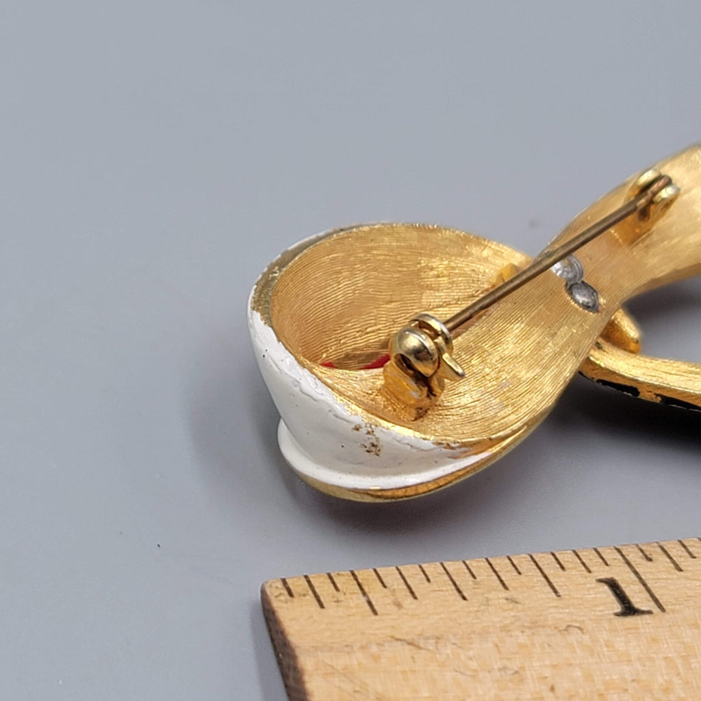 Vintage Ribbon Brooch Red White Blue Enamel Gold tone Patriotic 2.25"