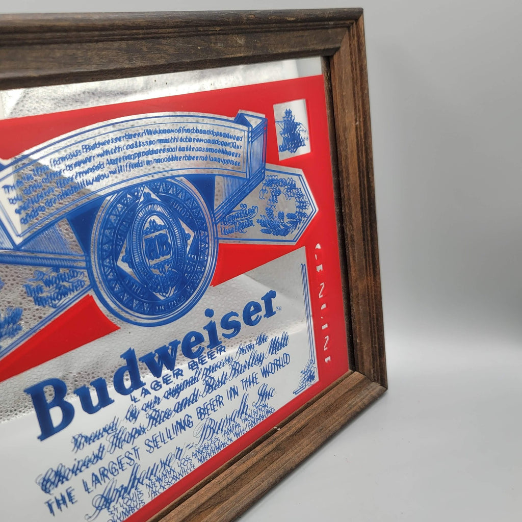 Budweiser Lager Beer Genuine Bar Mirror Sign Framed Anheuser-Busch Advertising