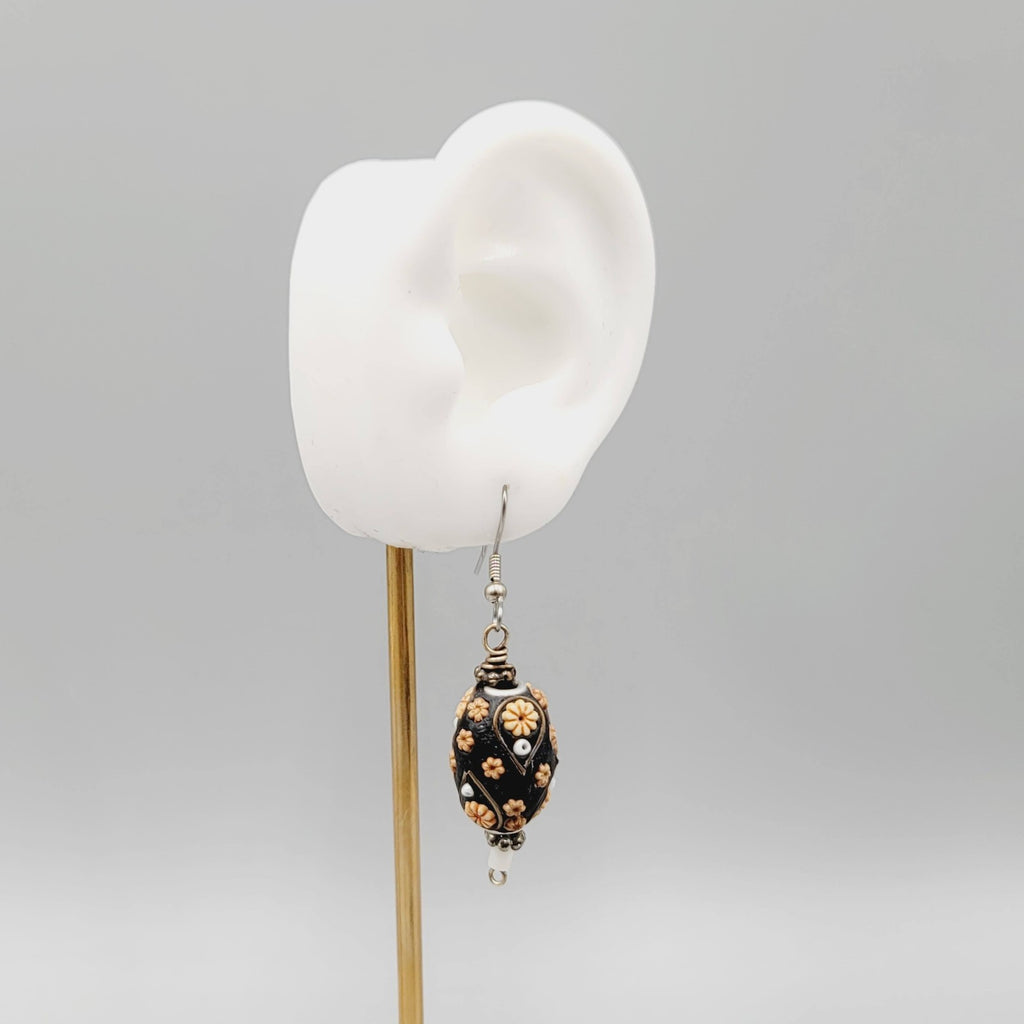 Handmade Floral Bead Pierced Earrings Boho Statement Dangle Silver tone 1.5"