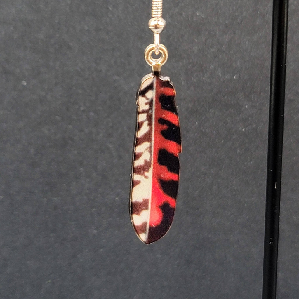 Metal Feather Pierced Earrings Red Black White Gold tone Dangle 1.5"