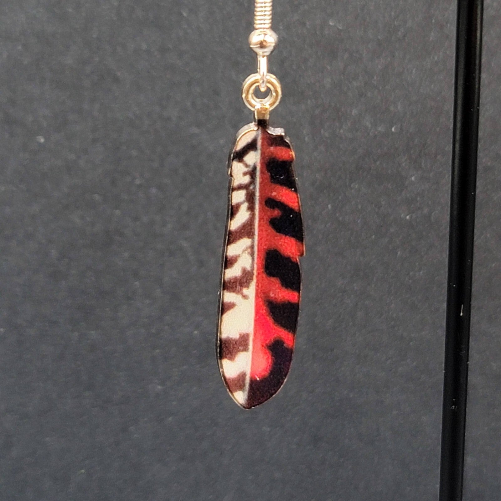 Metal Feather Pierced Earrings Red Black White Gold tone Dangle 1.5"
