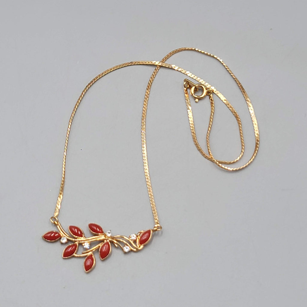 Vintage Herringbone Chain Necklace Red Rhinestone Estate Costume Jewelry 16"