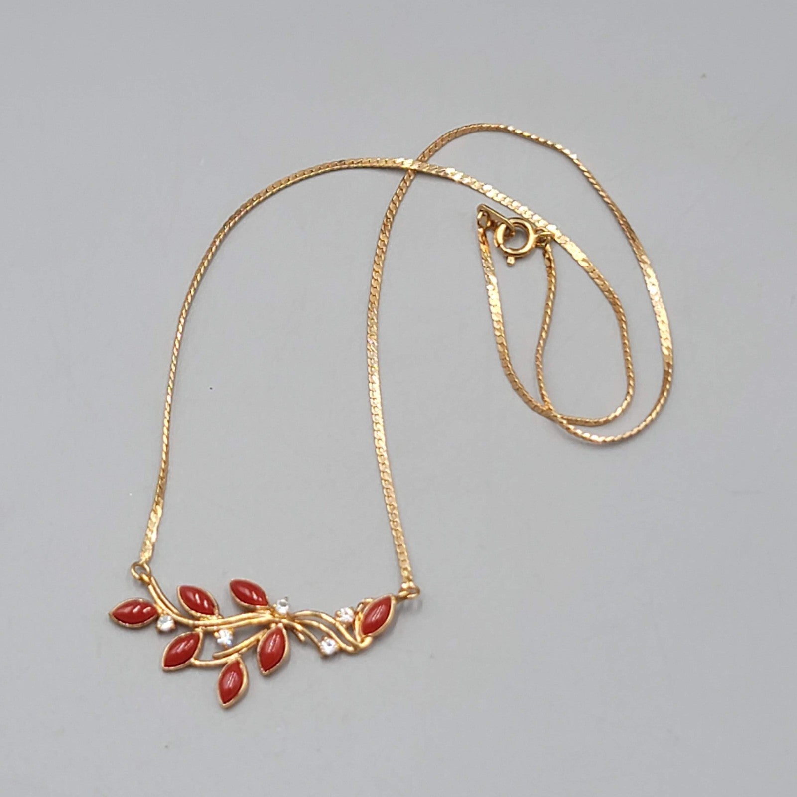 Vintage Herringbone Chain Necklace Red Rhinestone Estate Costume Jewelry 16"