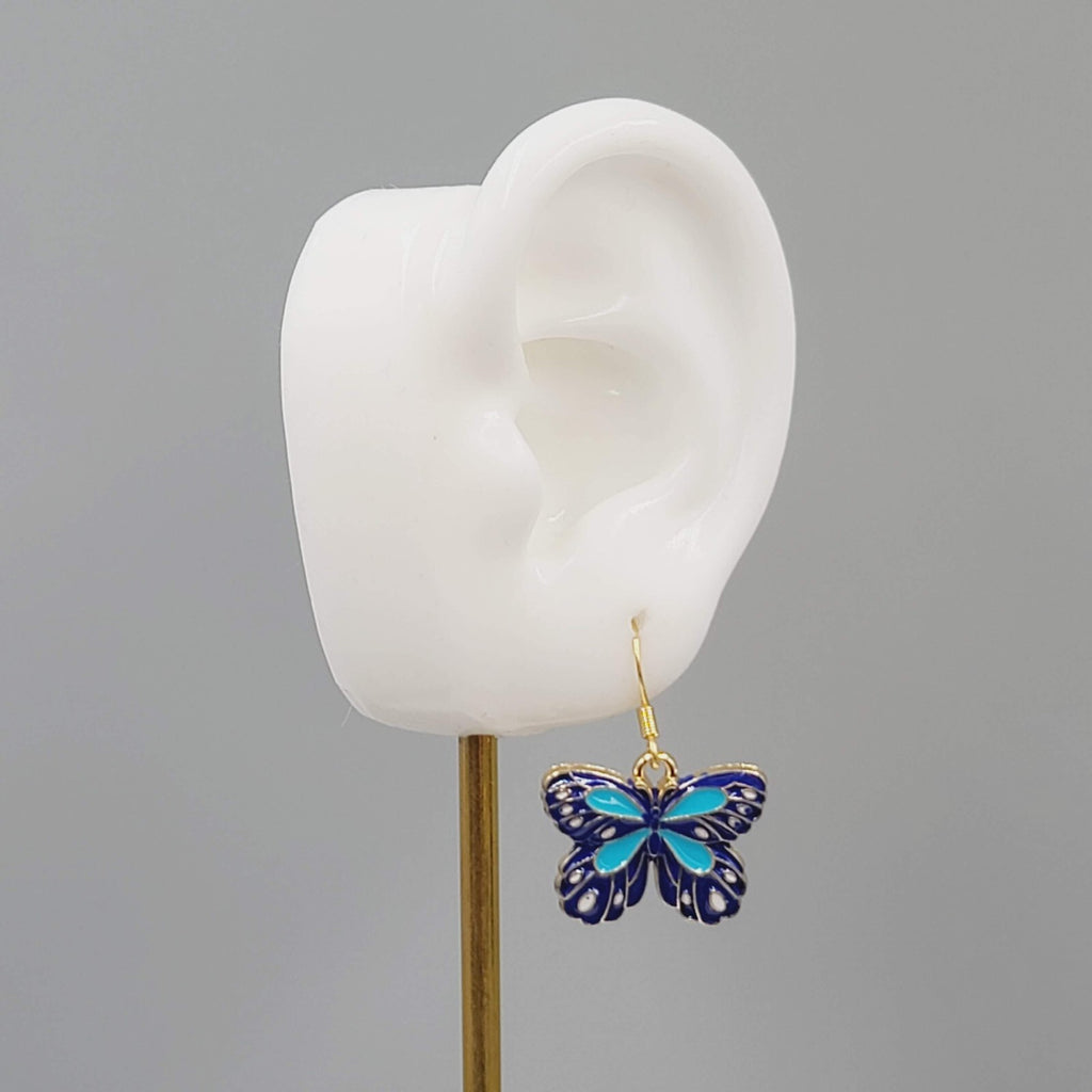 Blue Moth Enamel Pierced Earrings Gold tone Dangle Butterfly 3/4"