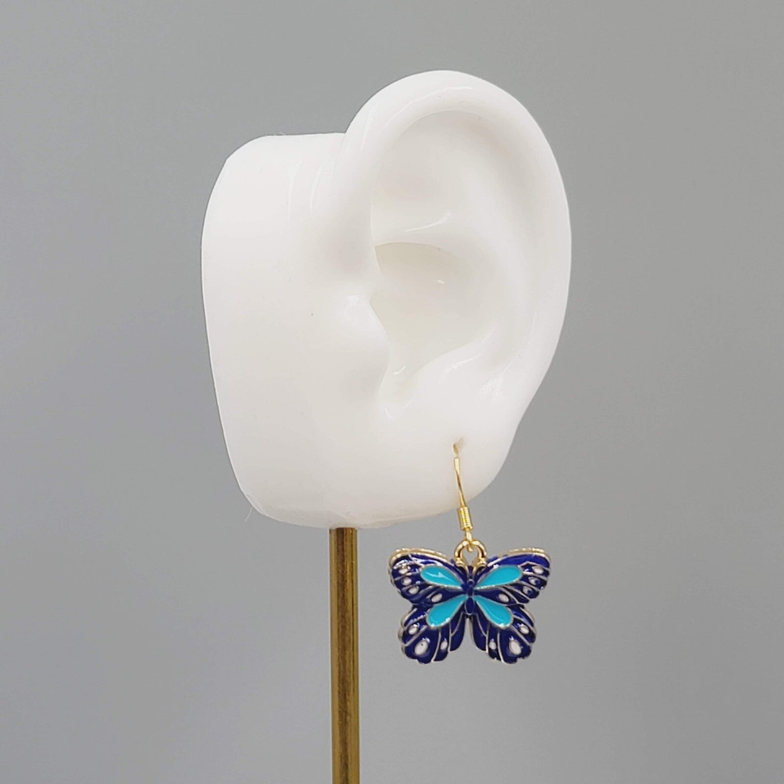 Blue Moth Enamel Pierced Earrings Gold tone Dangle Butterfly 3/4"