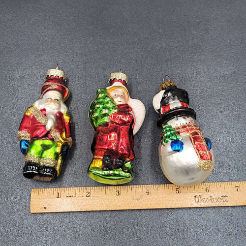 Christmas Blown Glass Ornament Lot of 3 Santa Angel Snowman 4"