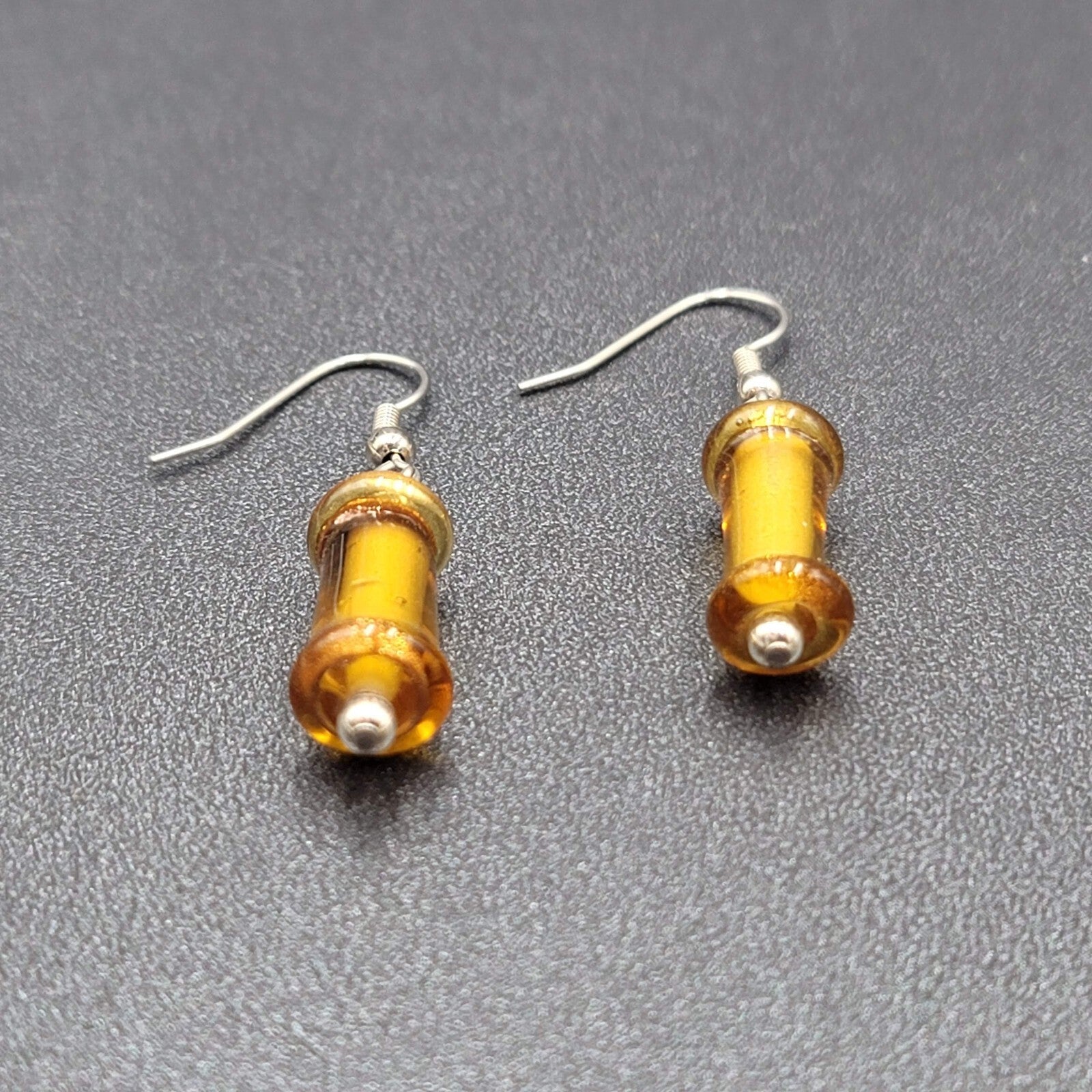 Pierced Earrings Silver tone Orange Art Glass Bead Dangle 1"