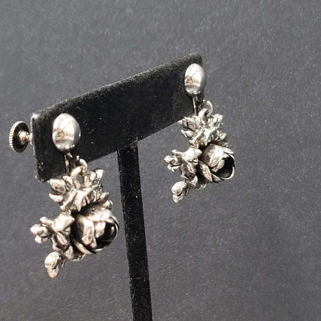 Vintage Clip on Earrings Silver tone 3D Flower Rhinestone Dangle 1"