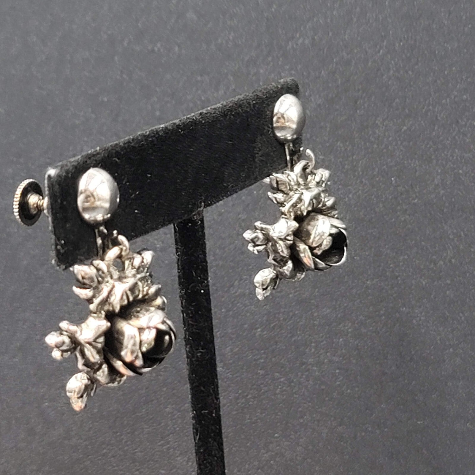 Vintage Clip on Earrings Silver tone 3D Flower Rhinestone Dangle 1"