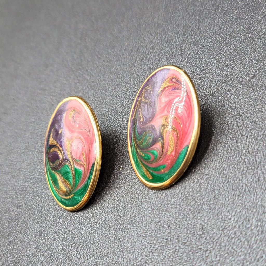 Vintage Pierced Earrings Green Purple Pink Swirl Enamel Oval Drop 1 1/8"
