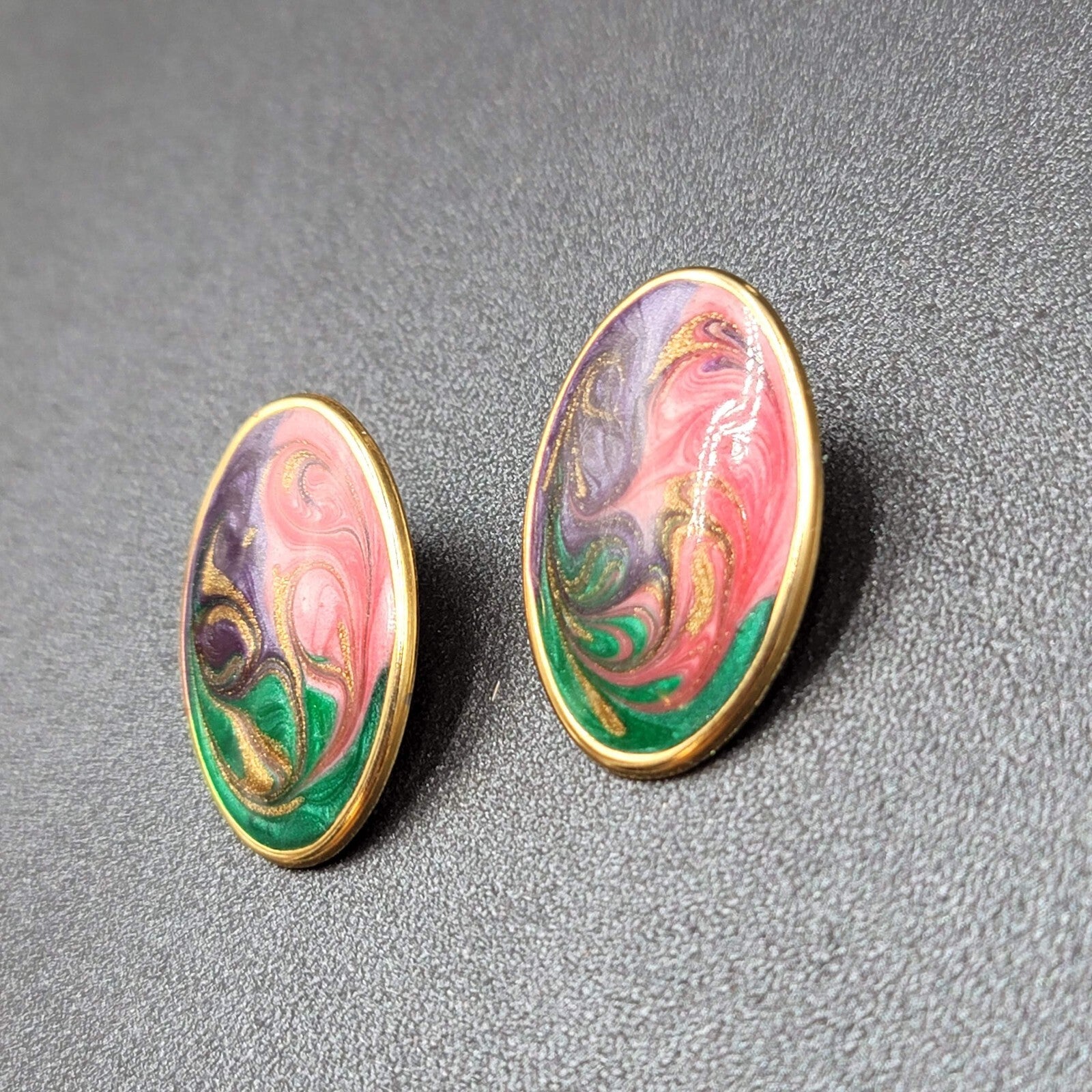 Vintage Pierced Earrings Green Purple Pink Swirl Enamel Oval Drop 1 1/8"