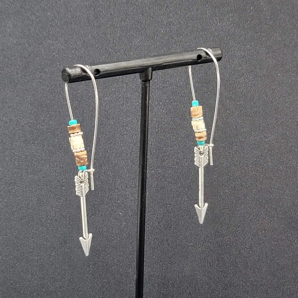 Pierced Earrings Silver tone Beaded Feather Dangle 2.5"