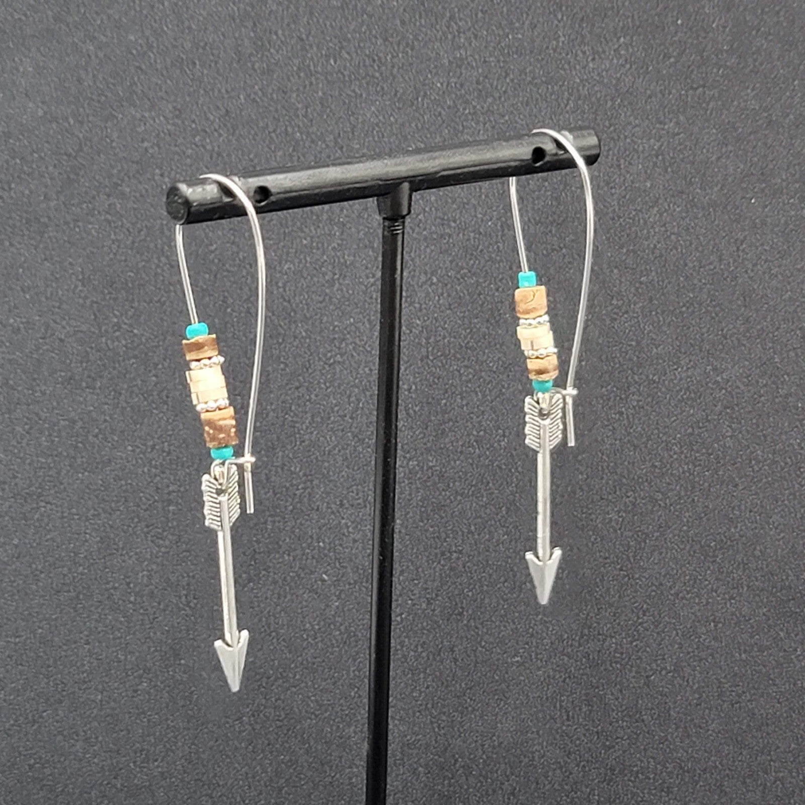 Pierced Earrings Silver tone Beaded Feather Dangle 2.5"