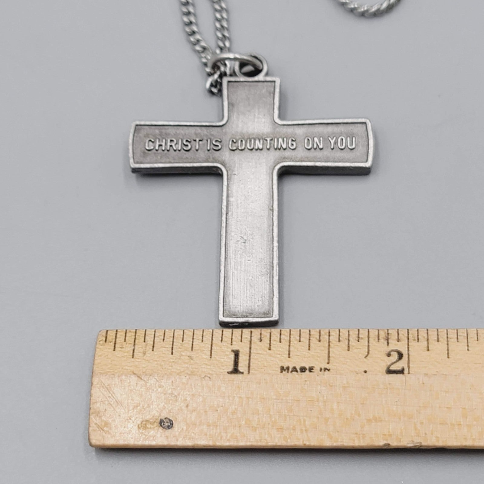 Christian Cross Necklace 30" Silver Tone Jesus Crucifix INRI Pendant Chain 30"