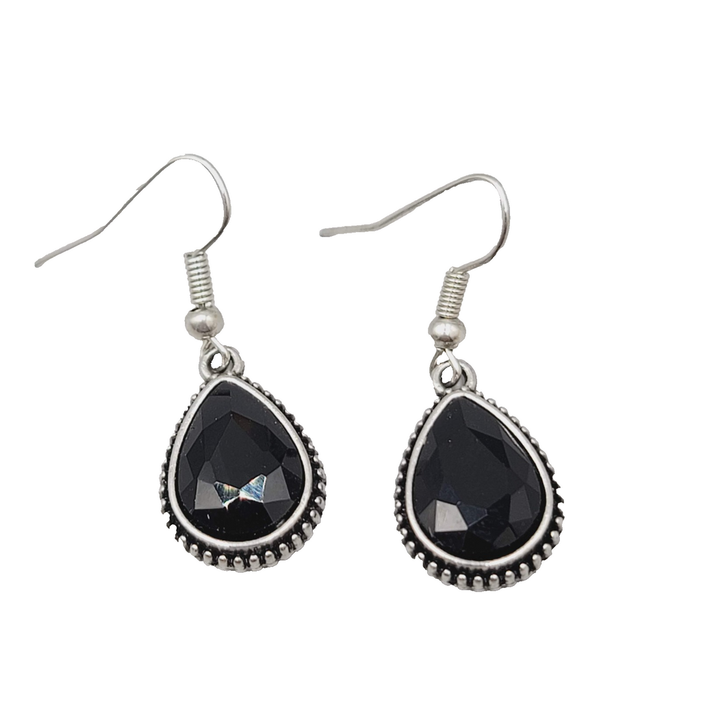 Black Stone Teardrop Pierced Earrings Silver tone Dangle 3/4"