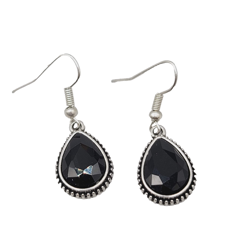 Black Stone Teardrop Pierced Earrings Silver tone Dangle 3/4"