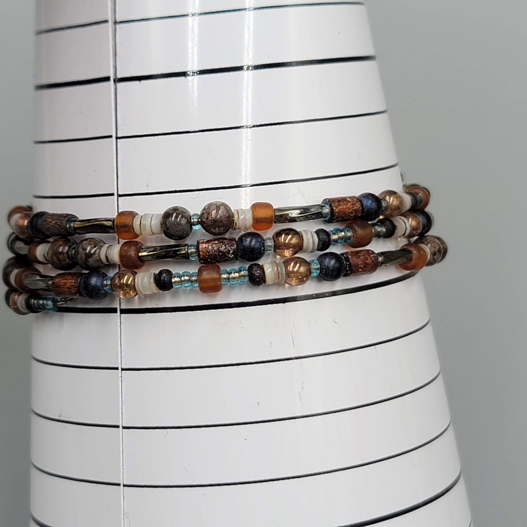 Glass Bead Shell Bracelet Brown Black Memory Wire