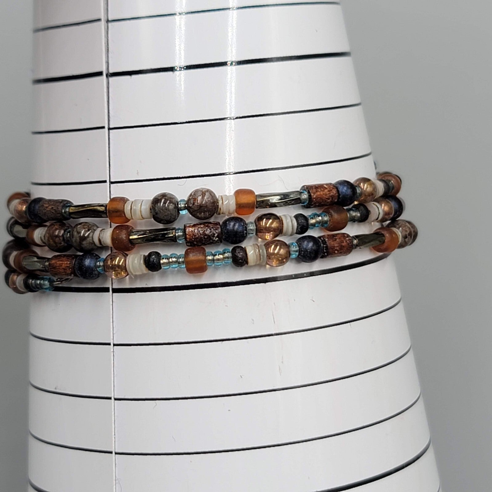 Glass Bead Shell Bracelet Brown Black Memory Wire