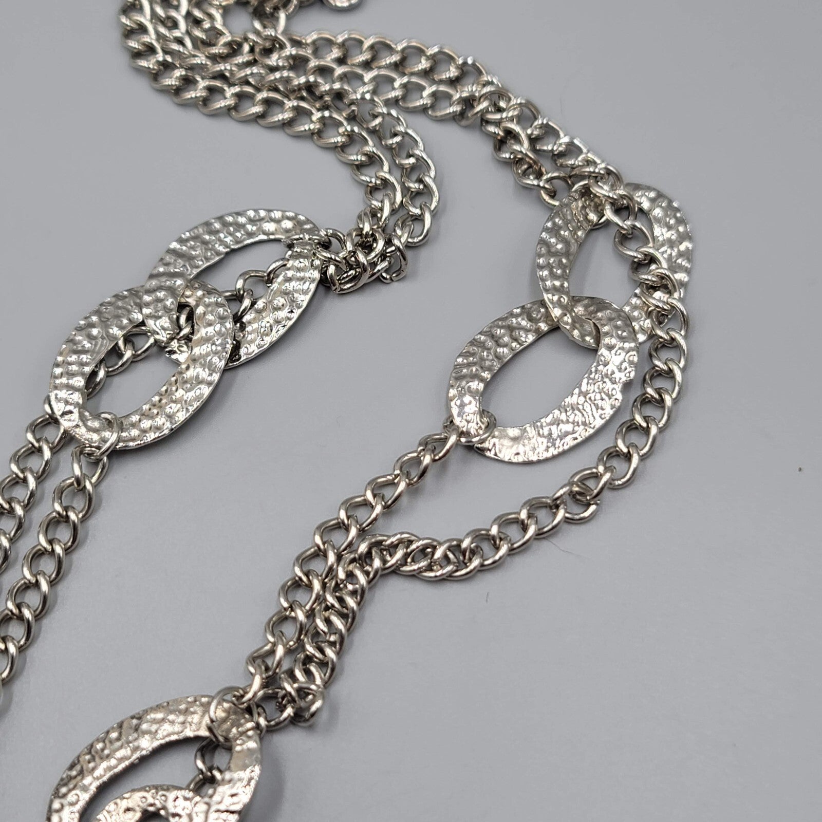 Long Double Chain Hammered Silver tone Necklace 32"