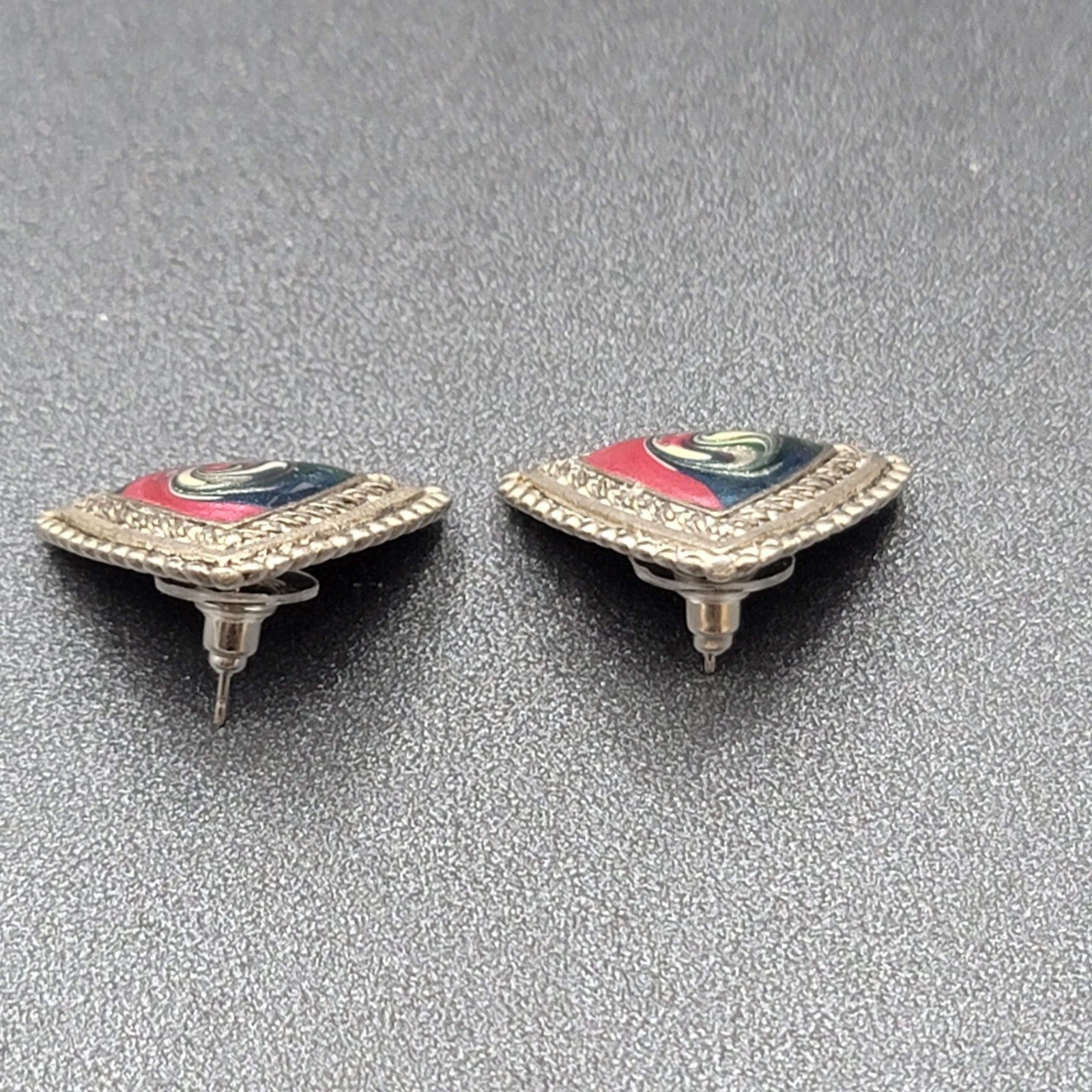 Vintage Pierced Earrings Silver tone Multicolor Enamel Swirl Triangle 1"
