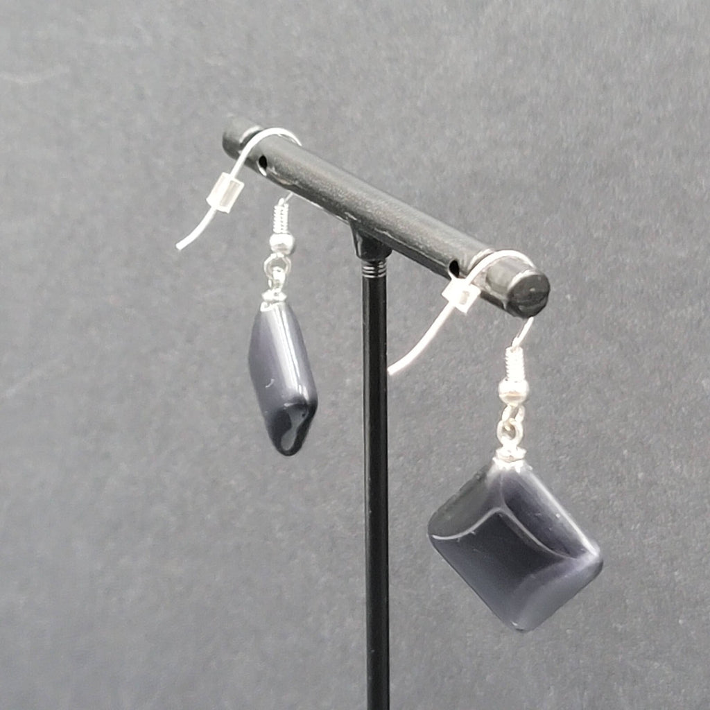 Pierced Earrings Purple Gray Stone Satin Finish Dangle Square Silver tone 3/4"