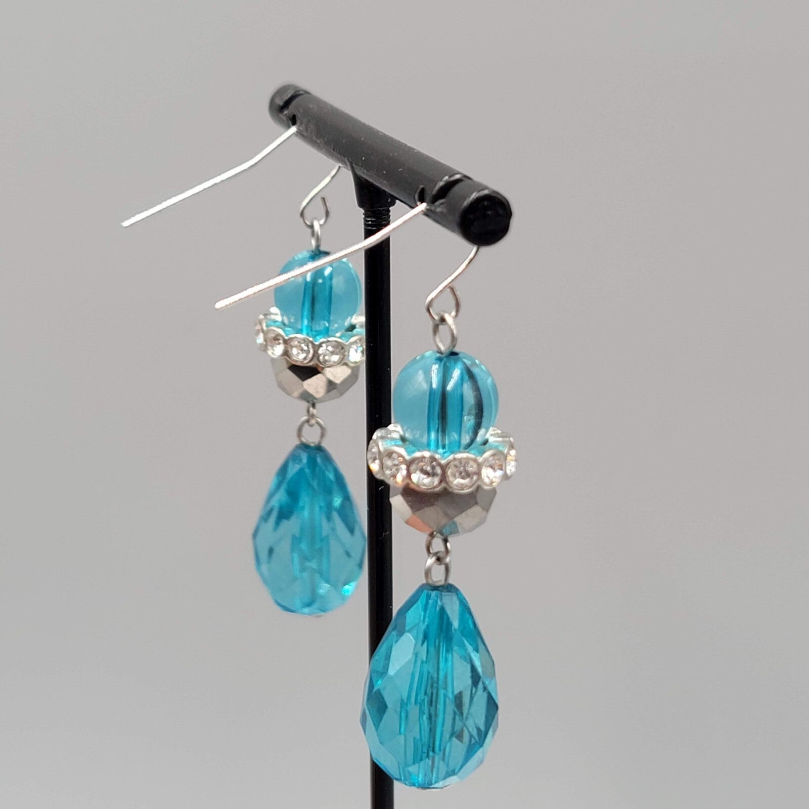 Pierced Earrings Silver tone Rhinestones Blue Faceted Acrylic Teardrop 1.75"