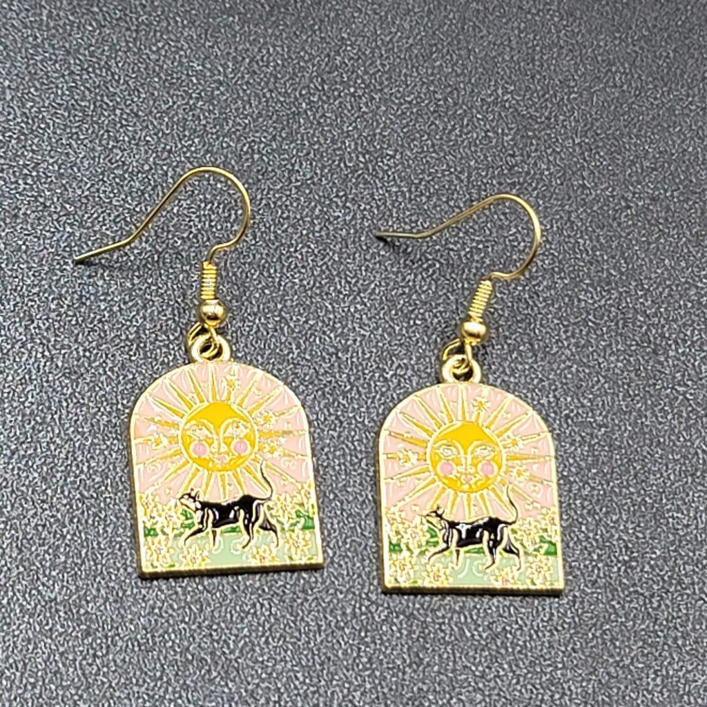 Pierced Earrings Gold tone Enamel Black Cat Happy Sun Flowers Dangle 1"