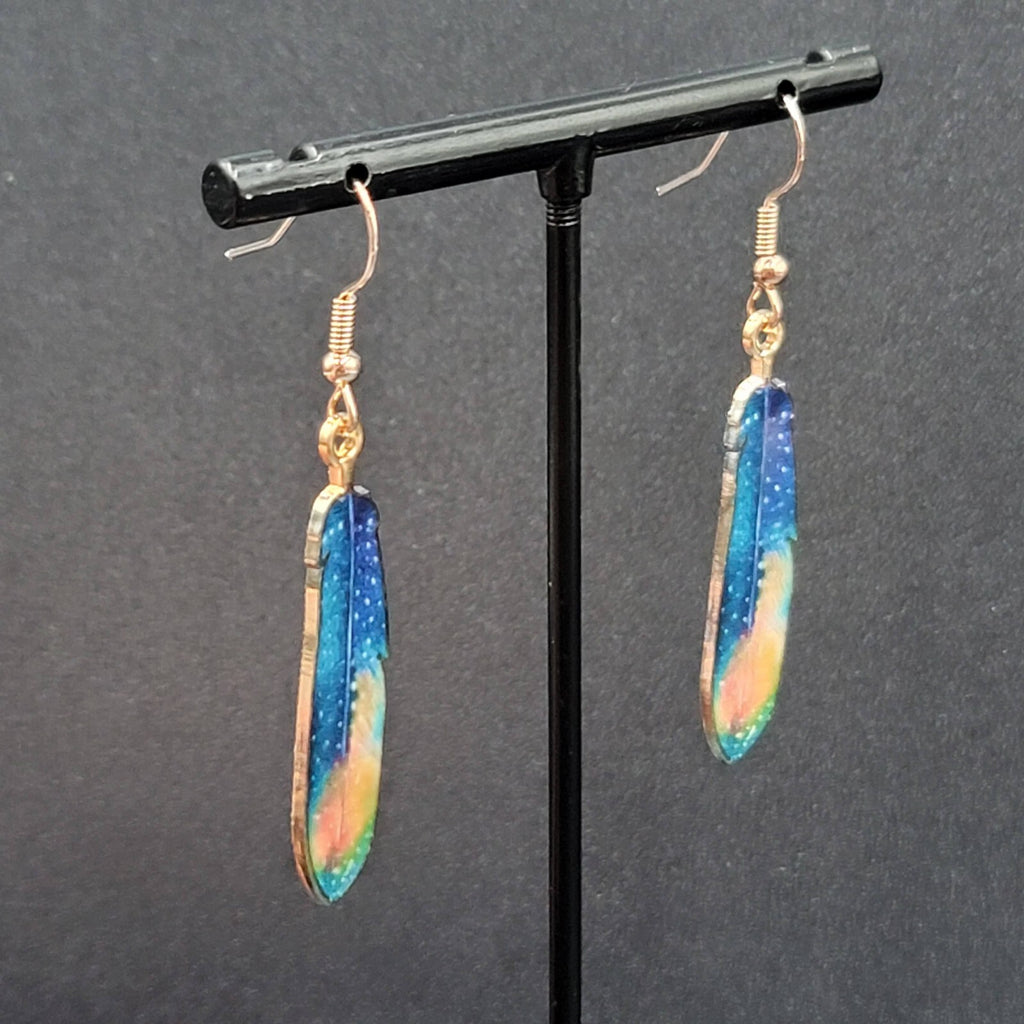 Metal Feather Pierced Earrings Cosmic Blue Galaxy Gold tone Dangle 1.5"