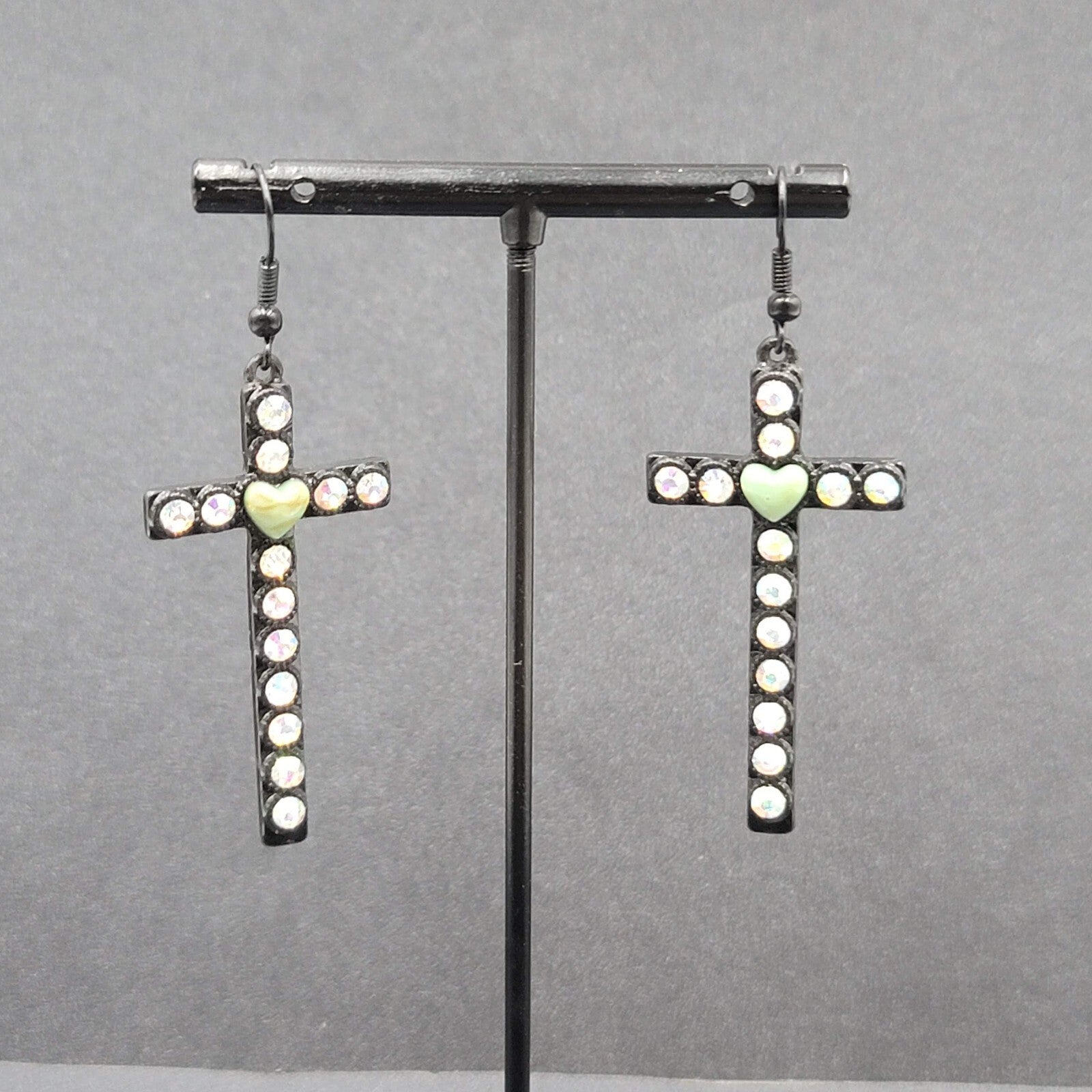 Cross Heart Pierced Earrings Black Metal Enamel AB Rhinestones Dangle 1 7/8"