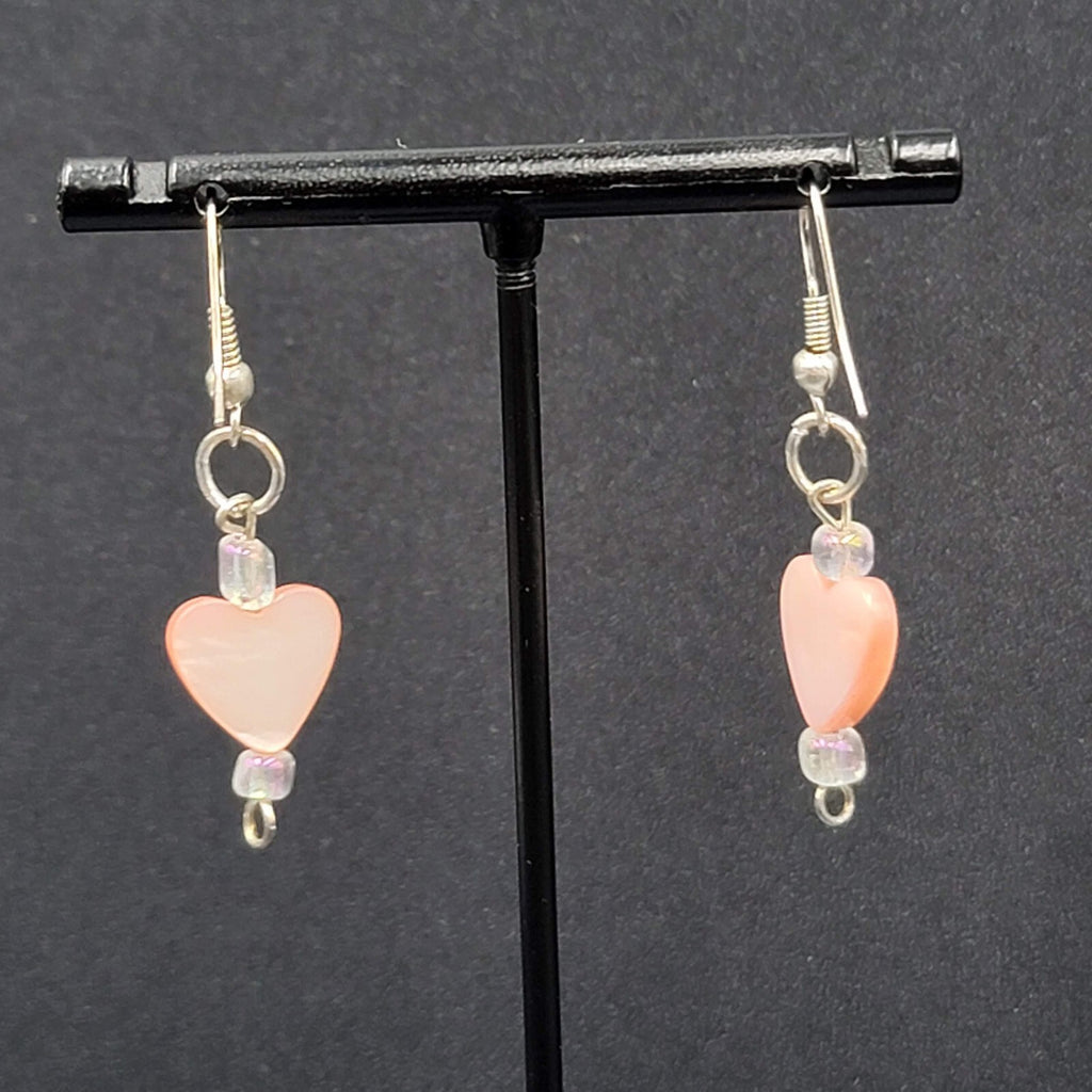 Pierced Earrings Silver tone Pink Mother of Pearl Heart 1"