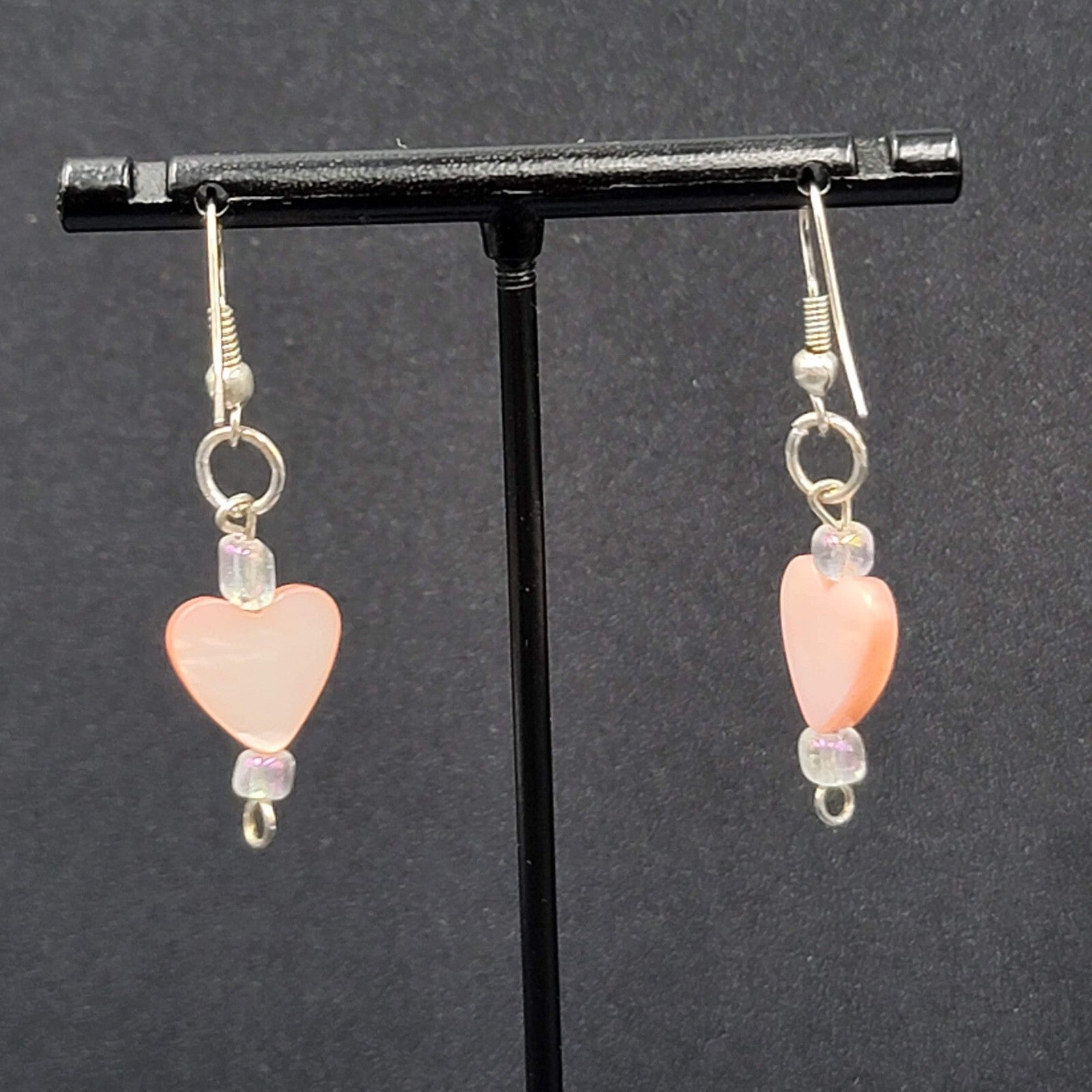 Pierced Earrings Silver tone Pink Mother of Pearl Heart 1"