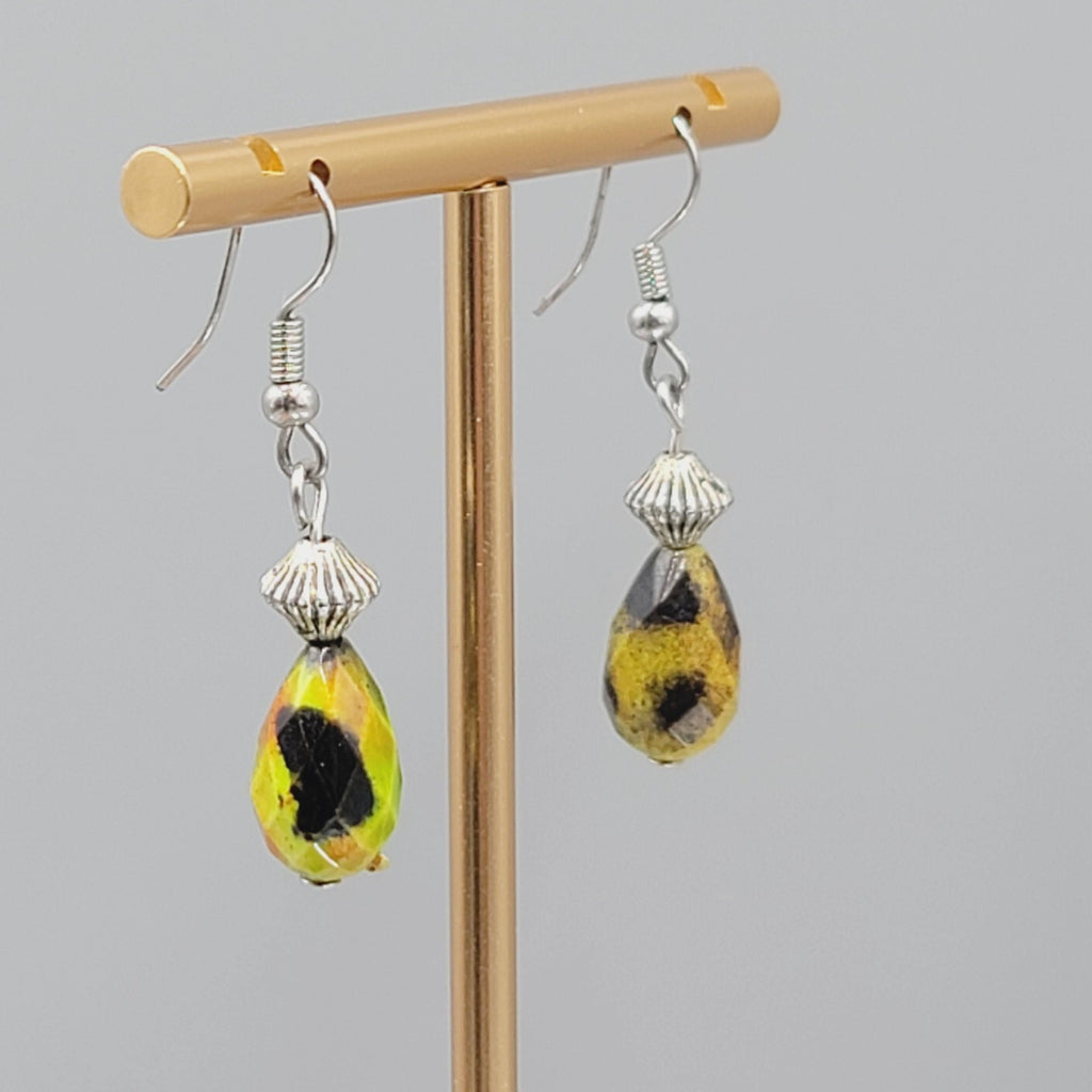 Green Orange Stone Pierced Earrings Faceted Teardrop Bead Silver tone Dangle 1"