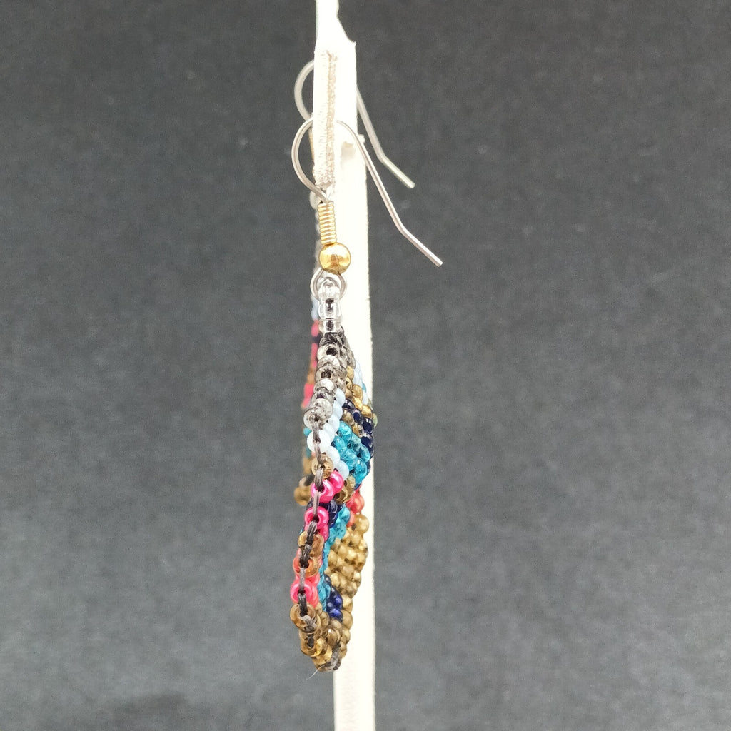 Pierced Earrings Multicolor Seed Bead Art Silver tone Hook Dangle 1 1/2"