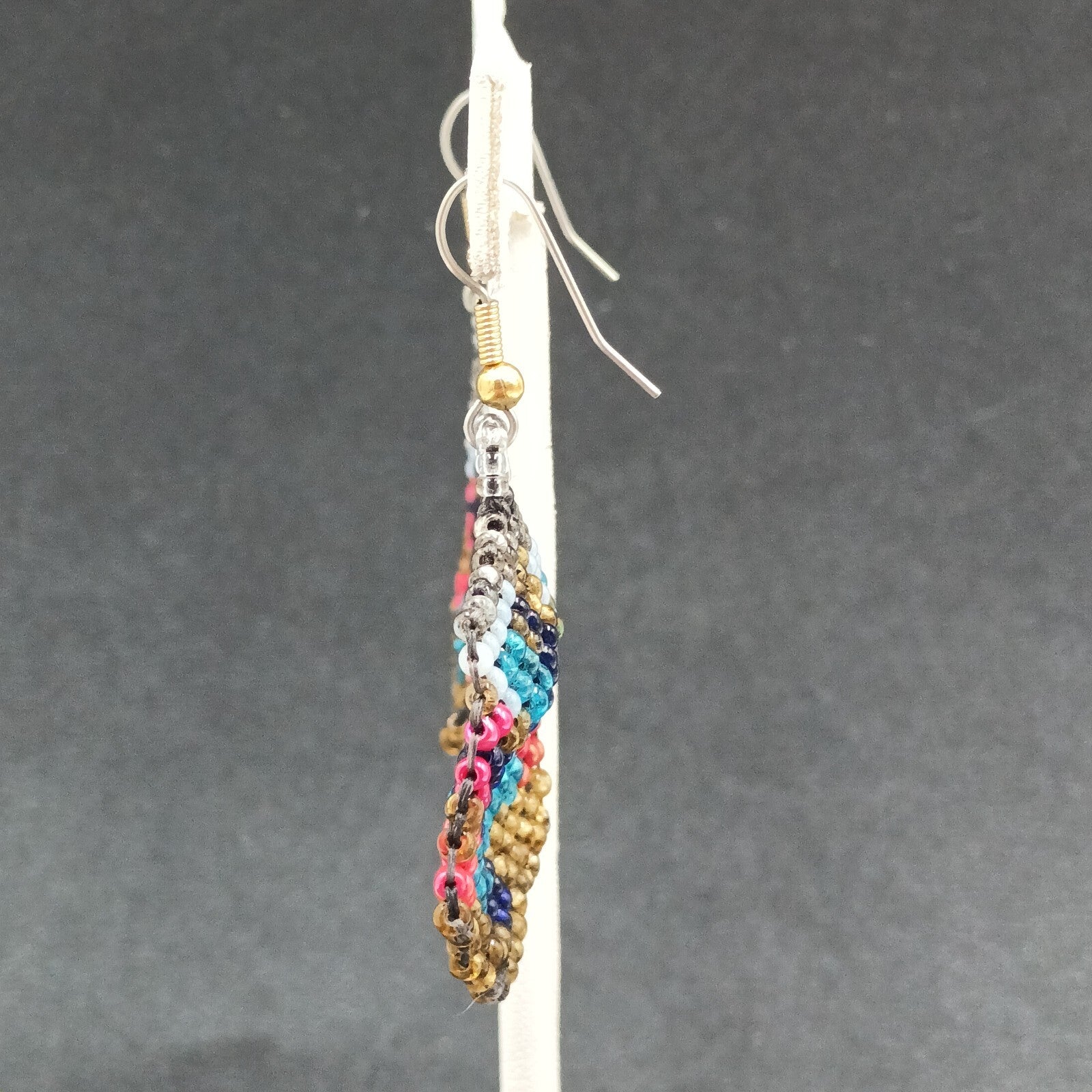 Pierced Earrings Multicolor Seed Bead Art Silver tone Hook Dangle 1 1/2"