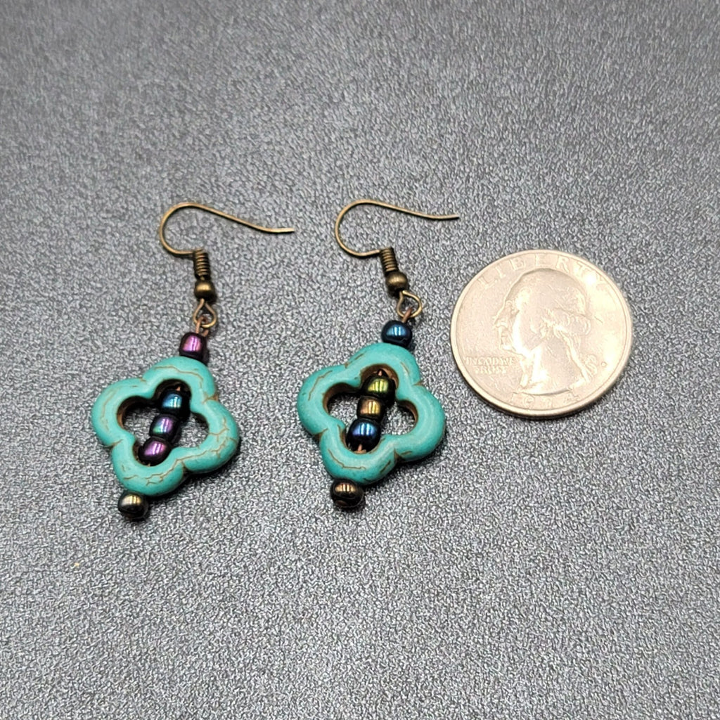 Pierced Earrings Dyed Blue Howlite Open Work Bead Dangle  1 1/8"