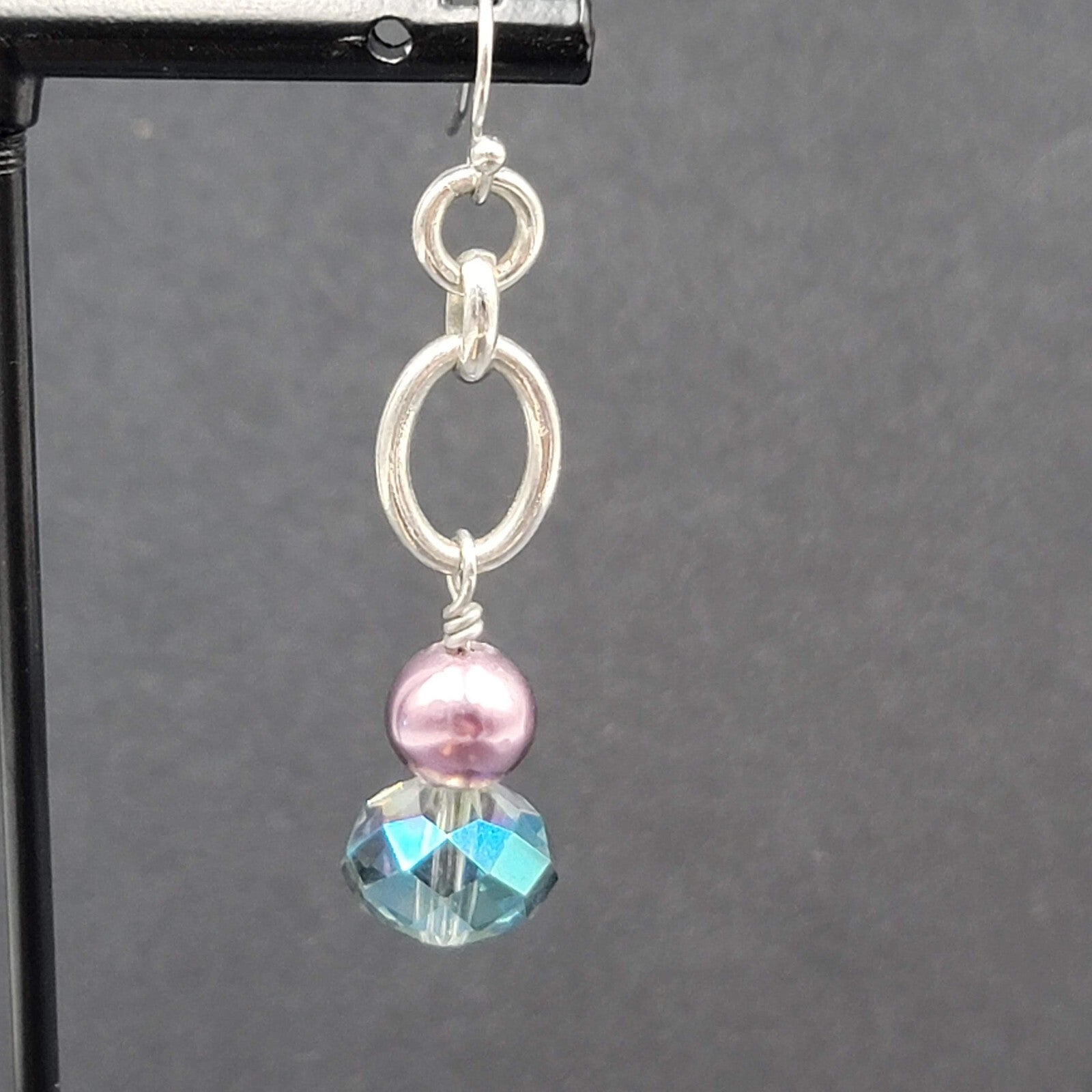 Pierced Earrings Silver tone Blue Crystal Pearl Beaded Dangle 1.75"
