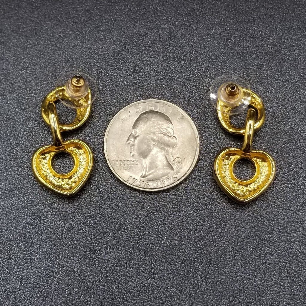 Pierced Earrings Gold tone Chain Heart Statement Dangle 1 1/4"