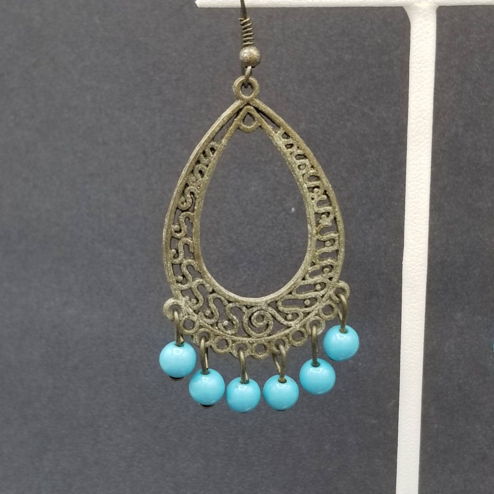 Pierced Earrings Bronze tone Chandelier Teardrop Blue Bead Dangle 2.25"