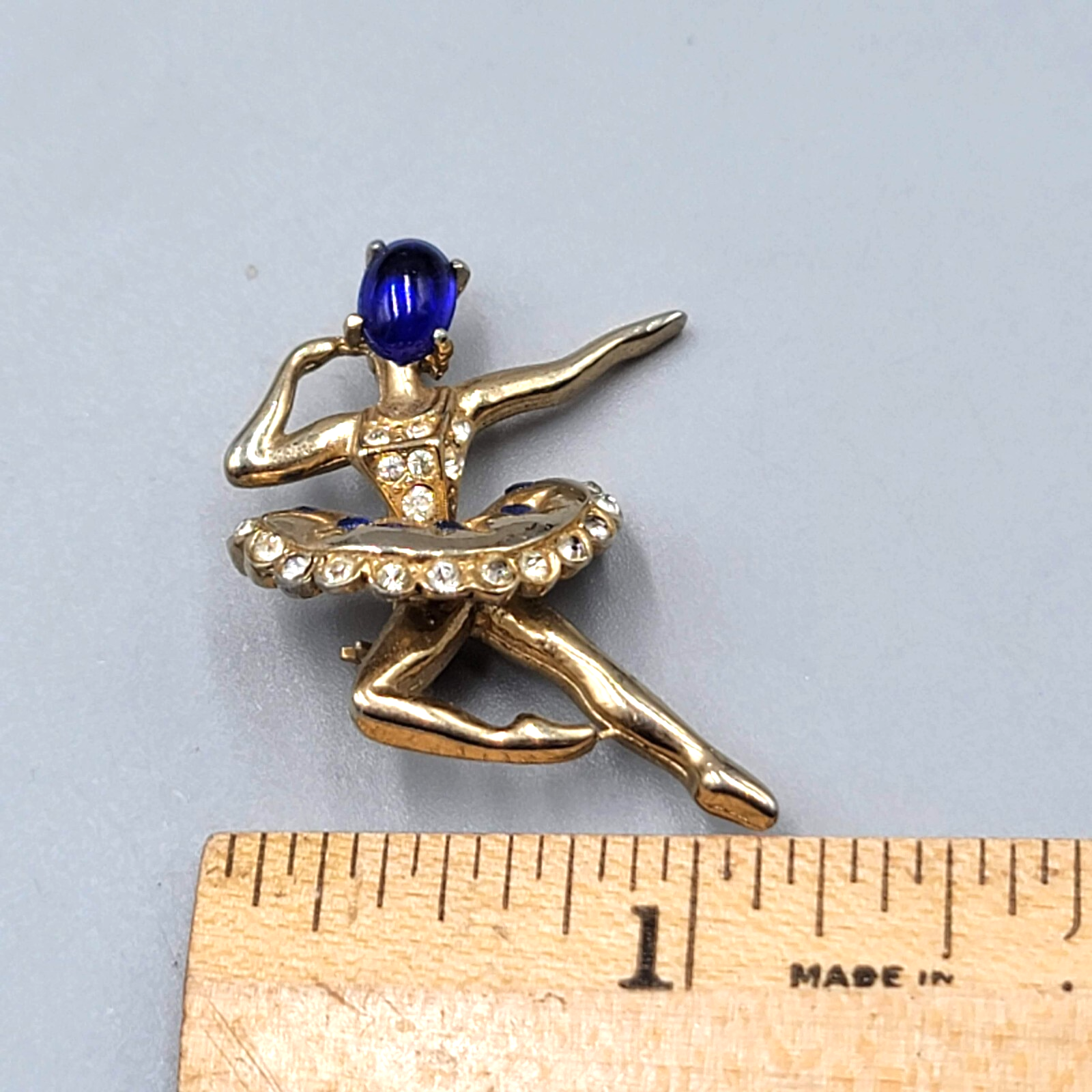 Vintage Coro Ballerina Brooch Blue Stone Jelly Face 1940s 1.5"