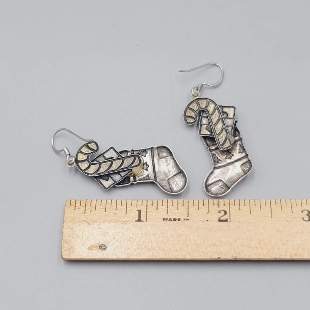 Vintage Christmas Stocking Pierced Earrings Enamel Silver tone Dangle 1 3/8"