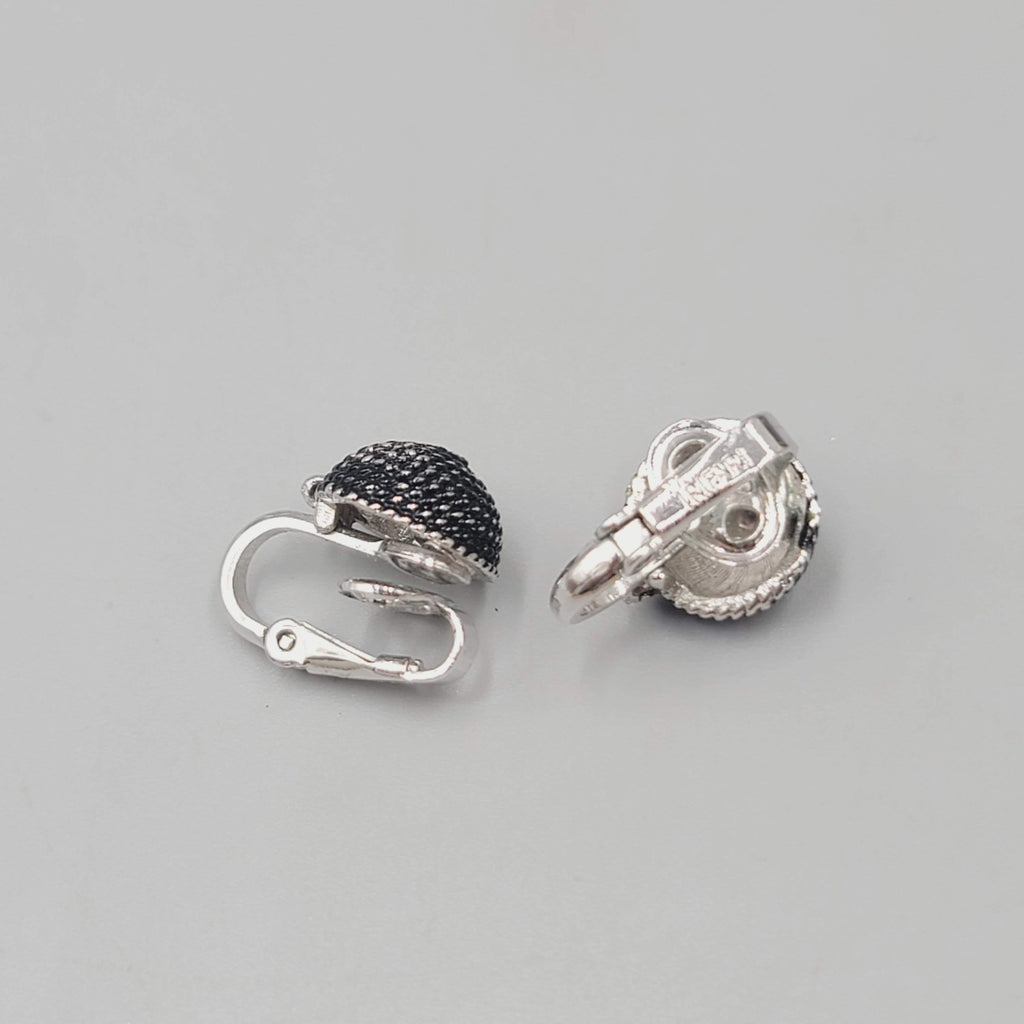 Vintage Trifari Black Stud Clip on Earrings Silver tone 1/2"